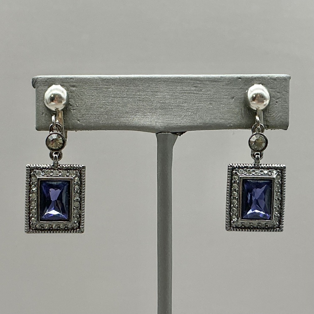 Givenchy Clip On Earrings Women Blue Silver Tone Emerald Cut Crystal Rhinestone